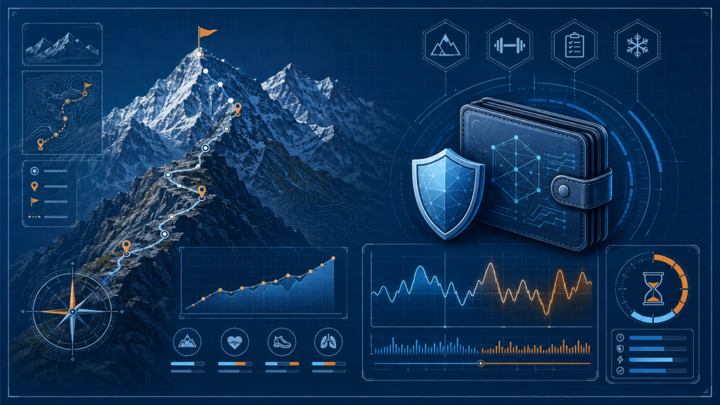Paysage d’altitude, profil d’acclimatation et repères de récupération accompagnés d’un panneau numérique secondaire.